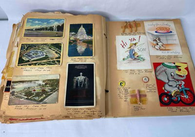 Early Ephemera Scrapbook Inc. Cards, War Ration Tickets, Rail Road Tix, Photos and More