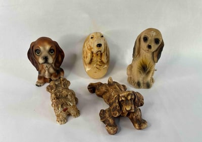5 Pce. Lot of Mid Century Ceramic, Chalkware and Plaster Dog Figurines