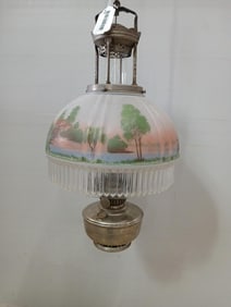 Original 4 Post Hanging Aladdin Lamp w/ Hand Painted Reverse Satin Glass Shade