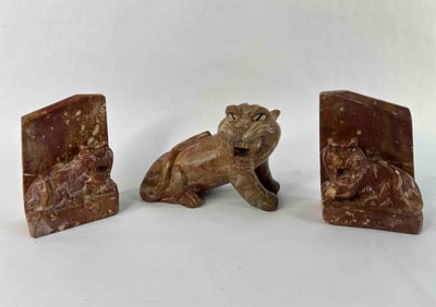 Hand Carved Soap Stone Tiger Figural Statue and Book Ends Set