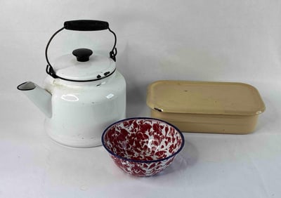Granite/ Enamel Ware Lot Inc. Lidded Dish, Swirl Bowl and Bale Handled Coffee Pot