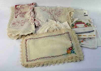 Antique Linen Textile Lot of Hand Embroidery and Lace Work