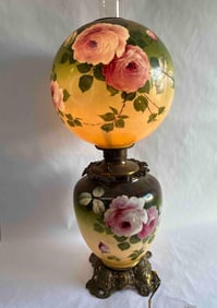 Gone with the Wind Rose Painted Hurricane Parlor Lamp