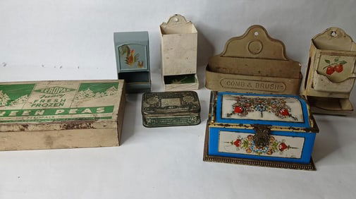 Large Tin Advertising, Match Holders, Candy Tin and Comb/Brush Holder