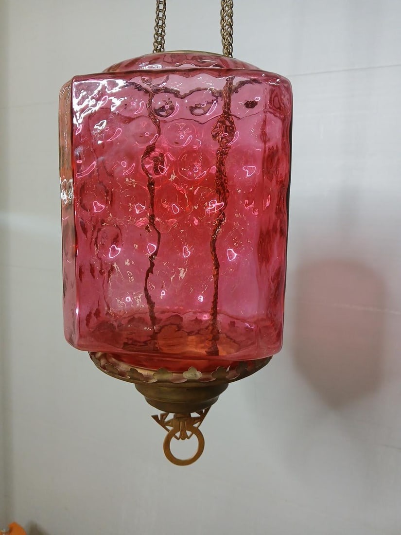 Rectangular Hobnail Cranberry Pull Down Oil Lamp (1 of 5)
