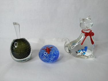 Murano Style Hand Blown Glass Deco Paper Weights Inc. Lobster, Cat and Bubble