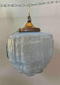 Art Deco Opalescent Ice Blue Stepped Skyscraper Ceiling Glass Globe Pendant Light