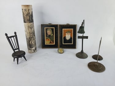 Folk Art Elderly Couple, Bell, and Desk Items