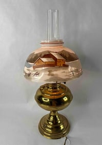 Rayo Brass Oil Lamp & Hand Painted Winter Scene Shade