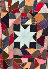 Antique Crazy Scrap Star Hand Stitched Quilt Topper w/ Satin, Velvet and Silk