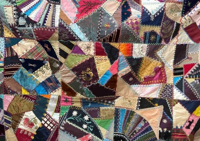Victorian Era Hand Stitched and Embroidered Craze Multi Pattern Wall Hanging Tapestry