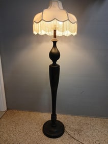 Early 20th C. Japanese Lacquered Carved Turned Wood Hand Painted Silk Fringe Shade Floor Lamp