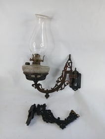 Primitive Cast Iron Wall Hanging Oil Lamp Brackets and Oil Lamp