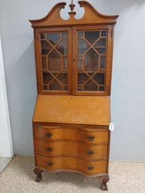 Mid Century Walnut Drop Front Secretary desk w/ Glass Panel Doors and 3 Drawers