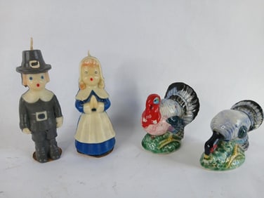 Hand Painted Ceramic Turkey Shakers & Vintage Pilgrim Candles