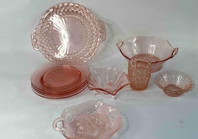 Lot of Pink Depression Glassware Inc. Plates, Platter, Bowls and More