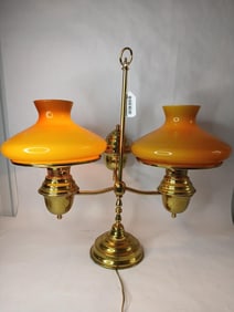 Brass Student Lamp W French Blown Shades