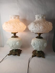Pair of Satin Glass Rose Hurricane Lamps
