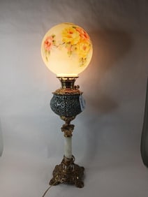 Victorian Bradley & Hubbard Hand Painted Globe w/ Alabaster Column and Brass Table Lamp