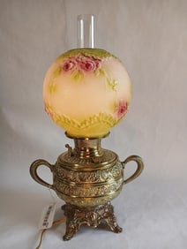 Antique Victorian Miller Parlor Banquet Electrified Table Oil Lamp Style w/ Hand Painted Globe