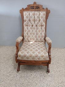 Antique Maple Carved and Cushioned Parlor Rocker
