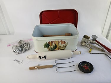 Mid Century Tin Lidded Bread Box Loaded with Antique Kitchen Ware Items and Rolling Pin