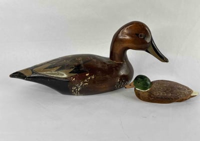 Hand Painted Wood Duck Lot of 2 Inc. One w/ Glass Eyes
