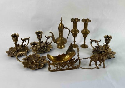Solid Brass Lot of Candle Holders, Reindeer and Sleigh, Genie Bottle and More