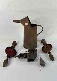 Tin Oil Can, Small Vise, Mini Pulley and 2 hand Crank Drills
