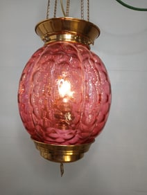 Victorian Rose Red Electrified Hall Hanging Light Pressed Floral Glass Globe w/ Brass