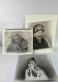 Lot of Artist Signed Native Charcoal Sketch Portrait Prints