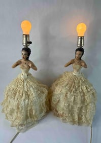 Antique Victorian Chalkware Lady Lace Dress Table Top Lamps