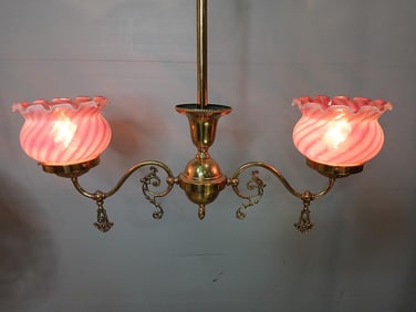 Antique Fenton Opalescent Cranberry Globe Hanging Chandelier Electrified Light
