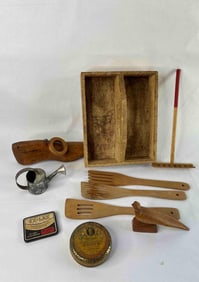 Primitive Wooden Carrier, Advertising Tins, Shoe Mold, Serving Ware and More