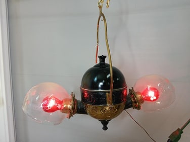 Victorian Electrified Two Light Angle TIn and Brass Hanging Light w/ Etched Glass Angle Globes