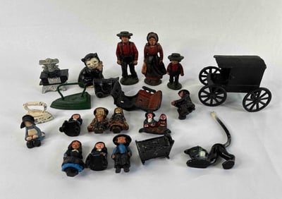 Cast Iron Figurine Lot Of Amish, Sad Irons, Buggy and More