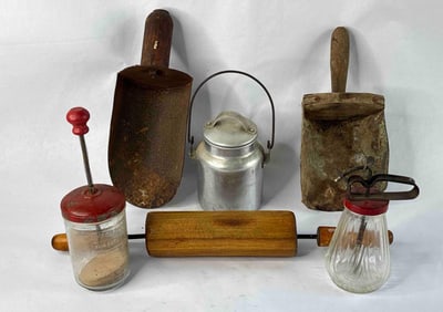 Primitive Kitchenware Lot Inc. Feed Scoops, Tin Milk Jug, Hand Choppers and Rolling Pin