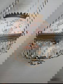 Victorian Hanging Kerosene Lamp W/ Frosted Floral Shade and Brass w/ Crystal Prisms