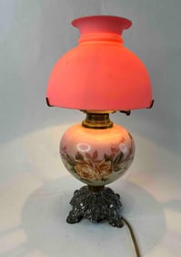 Antique Blush Colored Satin Hand Painted Electrified Parlor Lamp