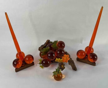 Mid Century Modern Acrylic Lucite Amber Grapes and Candle Holder w/ Taper Candles