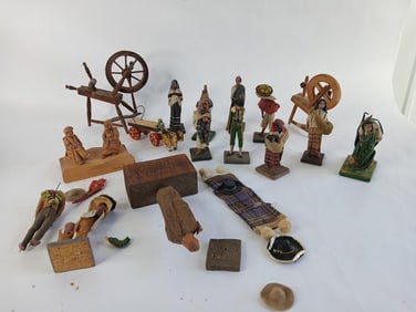 Mini Spinning Wheels, Wax Figures & Folk Art Pieces