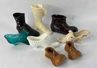 Porcelain, Fenton Glass, Japan, Milk Glass and Wood Shoe Deco Lot