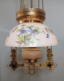 Original Victorian Style Hanging Electrified Brass Jeweled Hand Painted Milk Glass Globe Light
