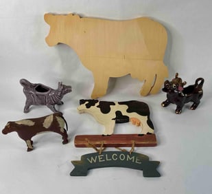 Cow Lot Inc. Art Mark Porcelain Creamer, Folk Art Wood Carved Cutting Board, Figurine and Sign