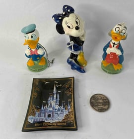 Walt Disney Lot of Japan Figurine, Shakers, Tray and Commemorative Token