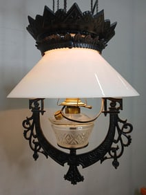 Dated 1877 Cast Iron Hanging Lamp w/ Original Shades Electrified and Adjustable