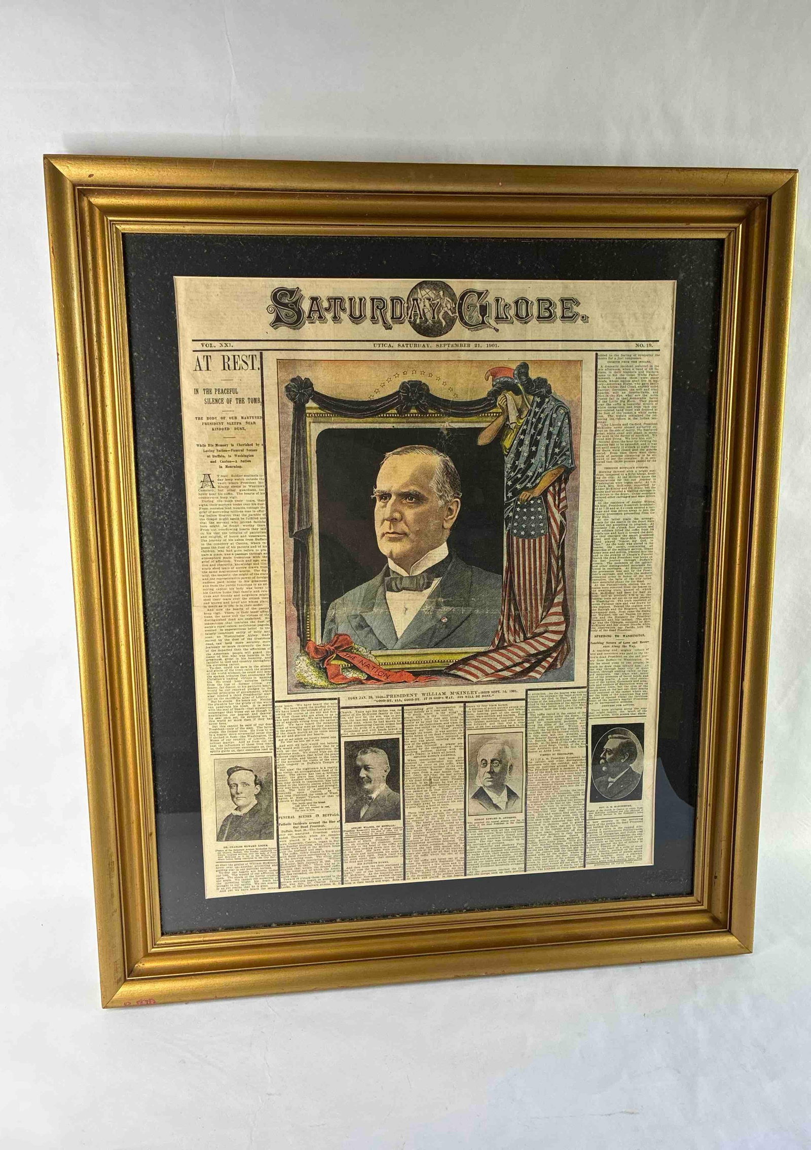 Framed 1901Saturday Globe Color Engraved Assassination of President William McKinley Newspaper: 24 x 28