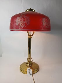 RARE Brass Enameled Ice Chip Red Cased Glass Shade Electrified Table Lamp
