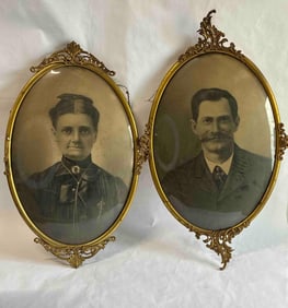 Antique Domed Glass and Brass Ornate Frame Man and Woman Portraits