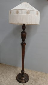 Antique Duncan Phyfe Style Hand Crafted Turned Wood Base w/ Fringed Shade Floor Lamp